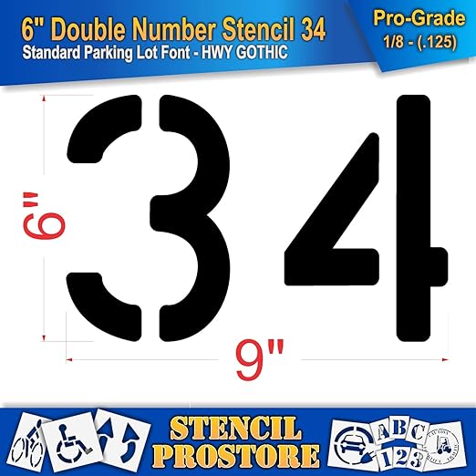 Pavement, Curb, and WheelStop Stencils - 6 inch Double Number Stencil - (34) - 6" x 9" x 1/8" (128 mil) - Pro-Grade