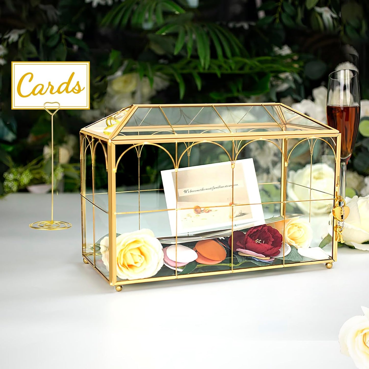 Glass Wedding Card Box with Lock, 12.6x5.9x9 inches Large Gold Card Boxes for Wedding Reception, Graduation, Keepsake Display, Party Centerpiece Gift Box
