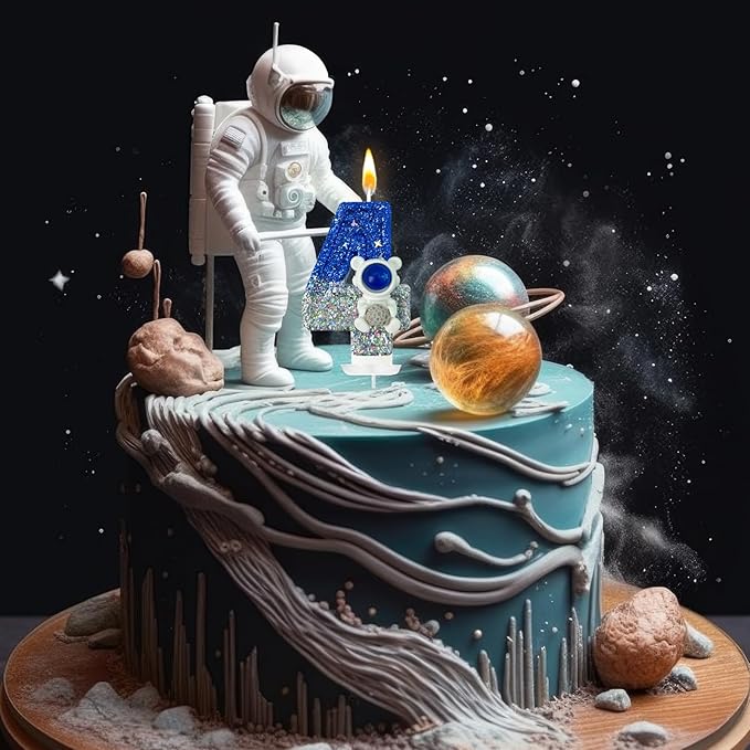 HXOUSE Astronaut 4th Birthday Candle - Space Universe Sparkler 4 Candle for Birthday Cake Boy, Topper for Party Decorations Anniversary Celebrations (Number 4)