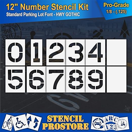 Pavement Stencils - 12 inch Number KIT Stencil Set - (12 Piece) - 12" x 9" x 1/8" (128 mil) - Pro-Grade