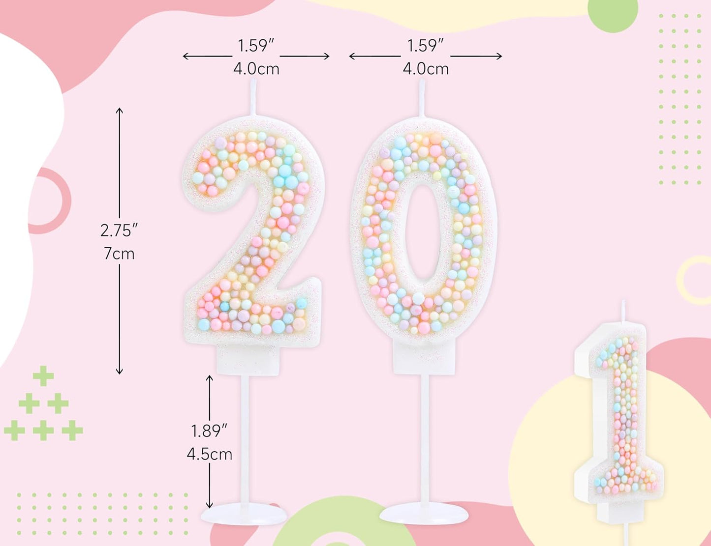 20th Birthday Candle Macaron Glitter 3D Pastel Number 20 Candles for Birthday Cakes Girl Women Sweet Theme Birthday Wedding Anniversary Party Cake Decoration