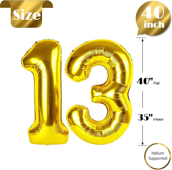 Gold Number 13 Balloon 40 inch, 13 Number Balloons, 13th Gold Birthday Decorations, 13 Year Old Girls Boys Golden Party Supplies