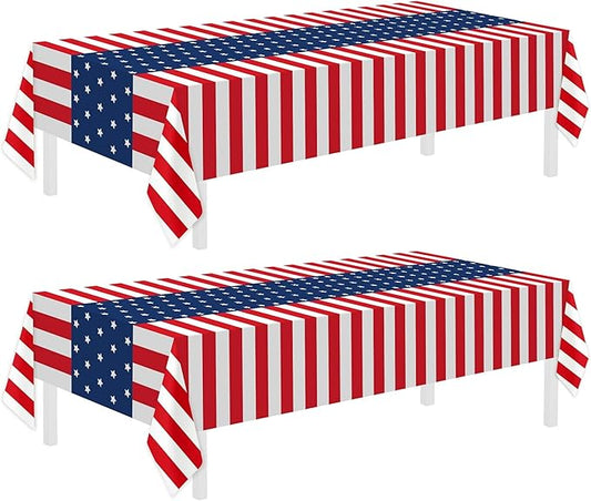 Childom 2 Pack Patriotic Tablecloths,Patriotic Decorations 54" x 108" Disposable American Flag Tablecloths for Event Accessories,Plastic Table Cloth for Veterans,July 4th,Picnic,Dinner,Party Supplies