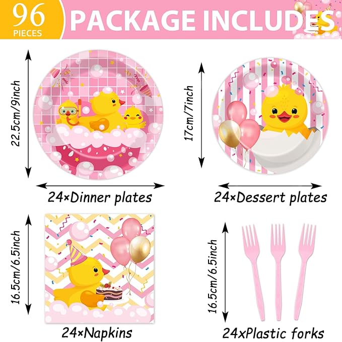 96Pcs Duck Birthday Party Supplies Pink Rubber Duck Paper Plates Napkins Duck Party Decorations Duck Themed Dinnerware Party Favor Girl Birthday Baby Shower Party Tableware Serves 24
