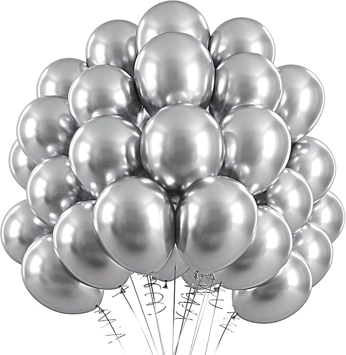 RUBFAC 120pcs Balloons for Birthday Baby Shower Graduation Anniversary Wedding Party Supplies Garland Arch Decoration,12 Inches,Silver Chrome Metallic