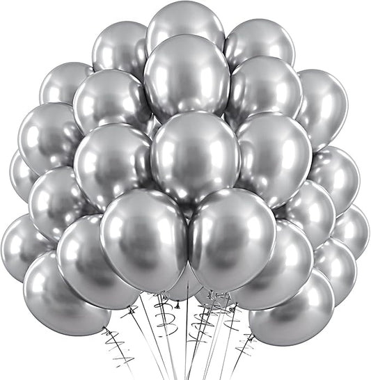 RUBFAC 120pcs Balloons for Birthday Baby Shower Graduation Anniversary Wedding Party Supplies Garland Arch Decoration,12 Inches,Silver Chrome Metallic
