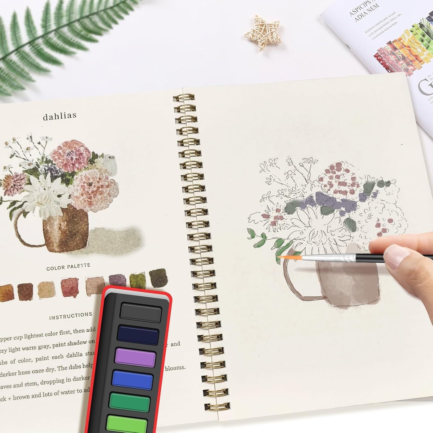 Watercolor Workbook, Water Coloring Book,Watercolor Paint Set, Beginner-Friendly Watercolor Workbooks, with 12 Colors Watercolor Paint Set with Paint Brush - Christmas Gift(Potted Plant)