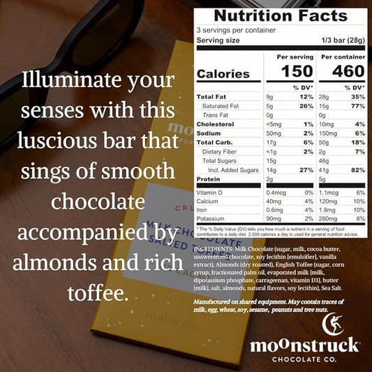 Moonstruck Chocolate Salted Toffee Milk Chocolate Bar, 31% Cacao, 3.0oz (Pack of 4)