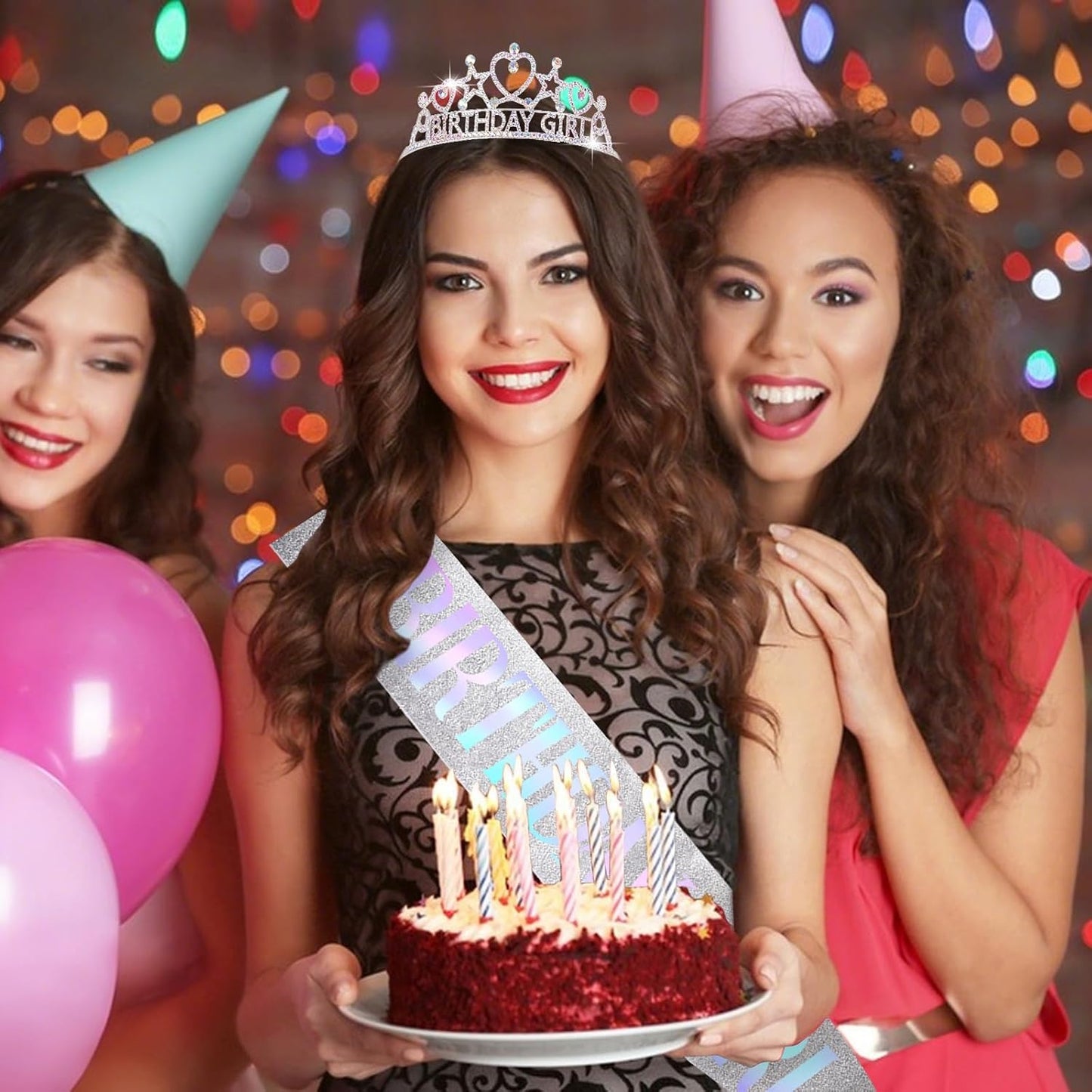 Birthday Girl Tiara and Sash Set - Silver Iridescent Rhinestone Crown & Glitter Sash for Birthday Party, Princess Celebration, Gift for Girls and Women