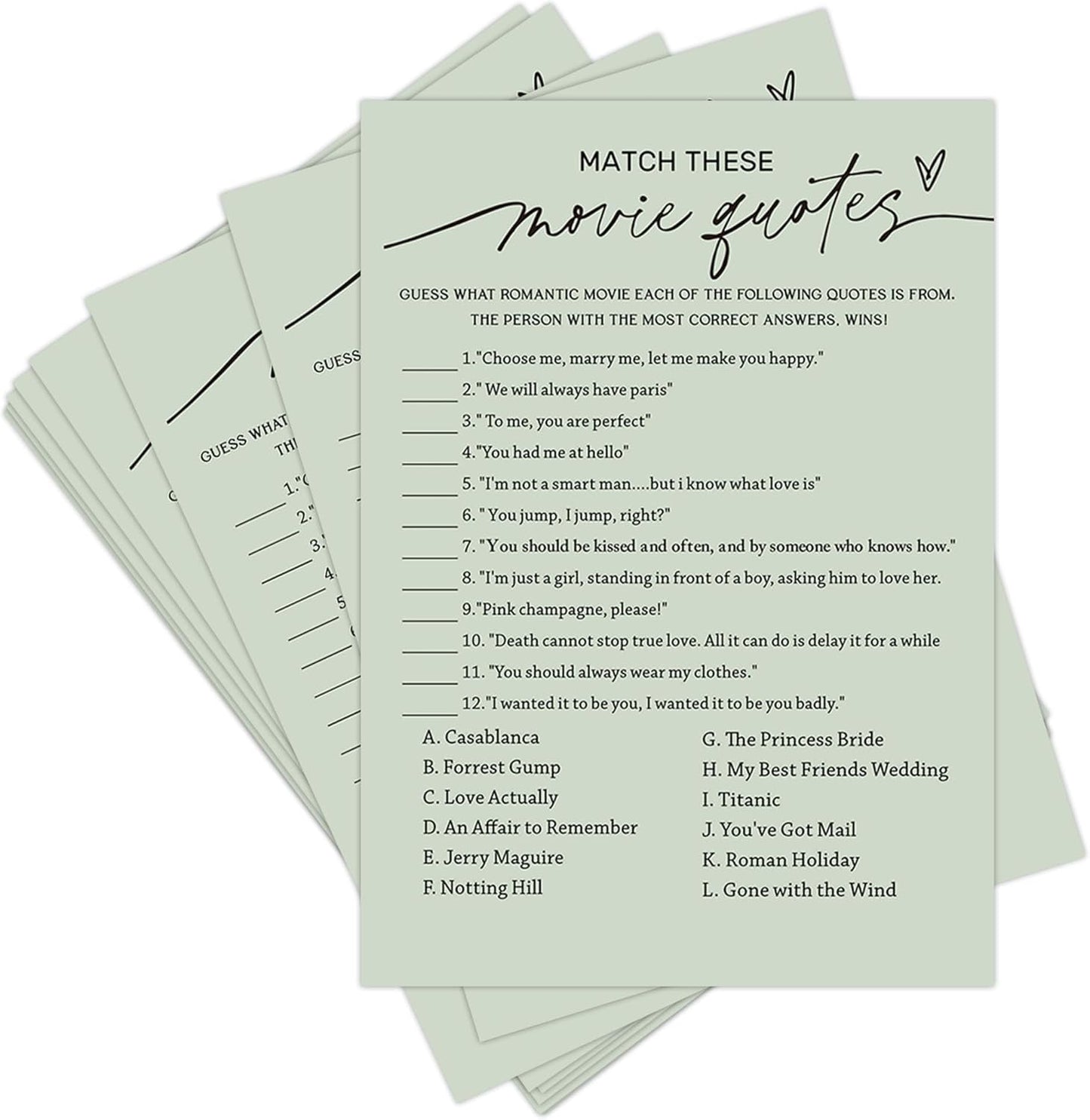 Bridal Shower Games, Match These Movie Quotes, 25Pcs Minimalist Sage Green Bridal Game Cards with 1 Answer Card, Wedding Shower Games for Guests, Engagement Bachelorette Party Supplies