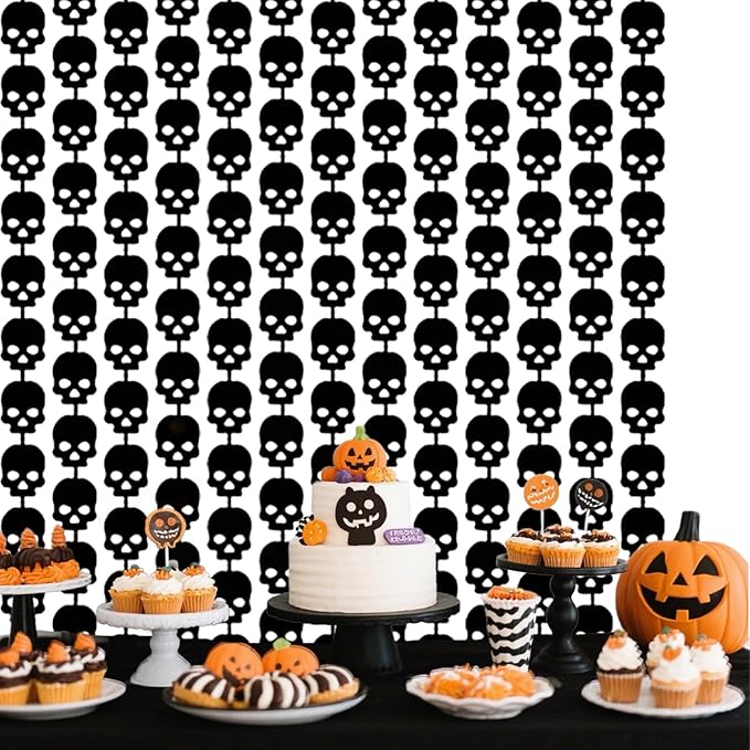 Gothic Party Decorations - 2 Packs Black Skull Foil Fringe Streamers Curtains for Birthday Bridal Shower Engagement Wedding Wall Bachelorette Coquette Party Decor(3.3x6.6 ft)