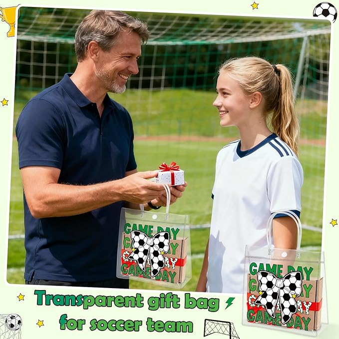 H1vojoxo Soccer Party Gift Bags - 24PCS Soccer Clear PVC Gift Bags with Handles Bulk 4 Styles Sports Theme PVC Plastic Gifts Wrap Tote Bag Reusable Clear Gift Bag for Ball Team Birthday Party Favor