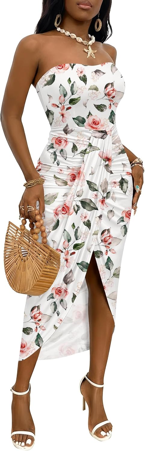 Umenlele Women's Strapless Ruched High Waist Wrap Split Asymmetrical Beach Maxi Long Dress
