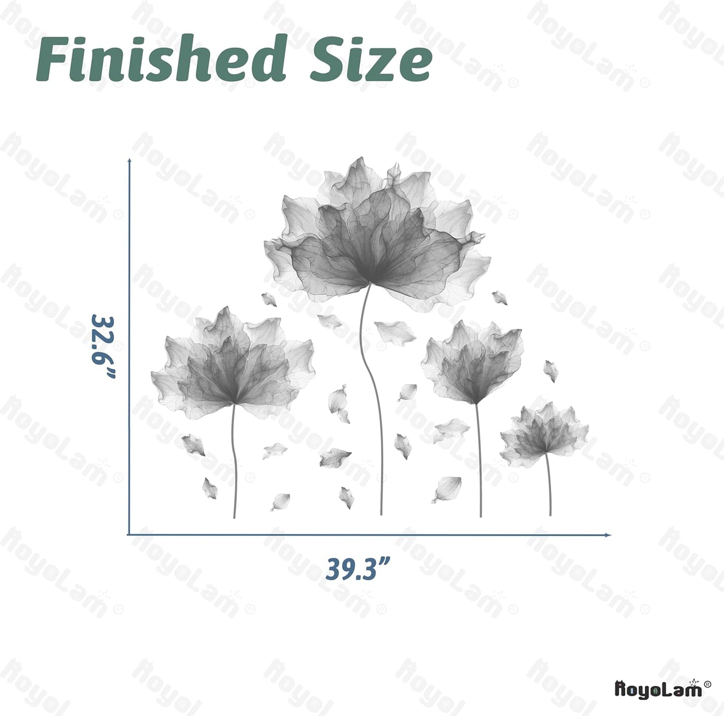 39.3'' x 32.6'' Huge Flower Petal Wall Decals Living Room Floral Wall Stickers Removable Peel and Stick Waterproof Wall Art Decor Stickers for Bedroom Bathroom Office (Gray)
