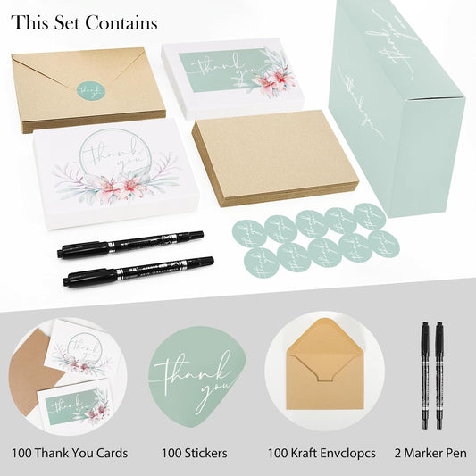 NESCCI 100 PCS Thank You Cards With Envelopes,4x6 Inch Minimalistic Design, Thank You Notes for Wedding,Bridal Shower, Business, Baby Shower, Small Business, Funeral, Graduation(Light Green)