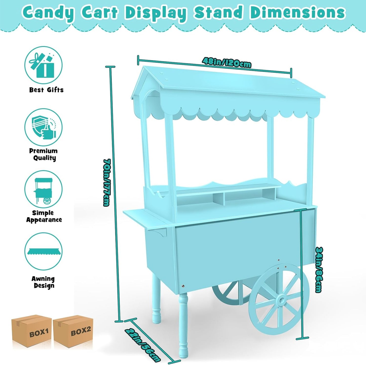Candy Cart Display Stand for Party, Dessert Cake Cart Stand with Wheels, Vintage Dessert Display Stand Decoration Cart with 100 Balloons, String Light for Parties, Birthdays & Weddings (BLUE)