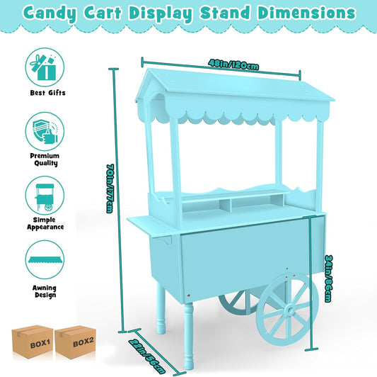 Candy Cart Display Stand for Party, Dessert Cake Cart Stand with Wheels, Vintage Dessert Display Stand Decoration Cart with 100 Balloons, String Light for Parties, Birthdays & Weddings (BLUE)