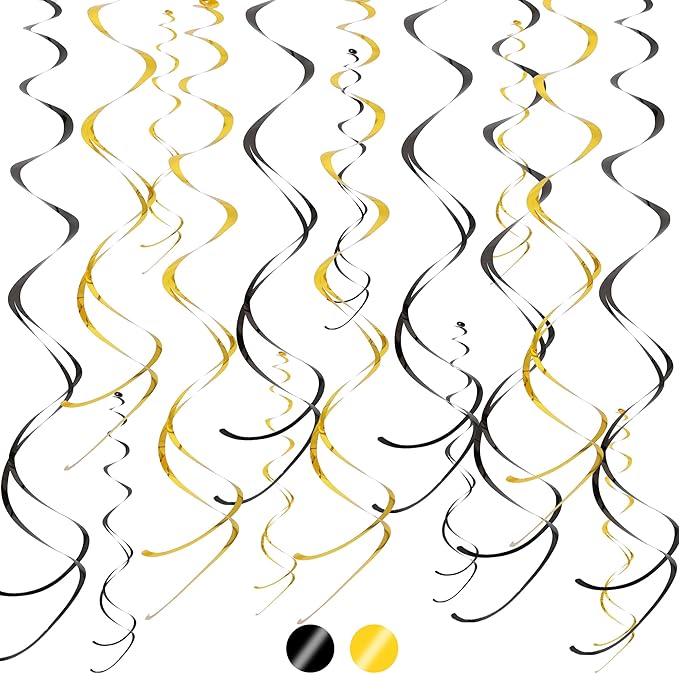 BEISHIDA Black Gold Hanging Swirls Party Decorations Plastic Streamer for Hanging Ornament Decorations, Wedding Birthday Bachelorette Graduation Party Supplies, Pack of 20