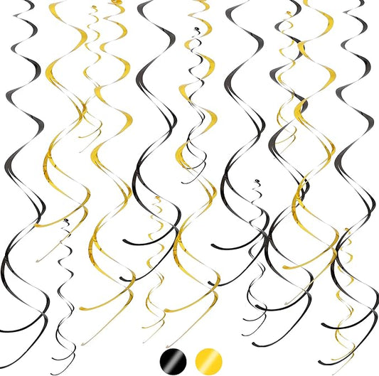 BEISHIDA Black Gold Hanging Swirls Party Decorations Plastic Streamer for Hanging Ornament Decorations, Wedding Birthday Bachelorette Graduation Party Supplies, Pack of 20