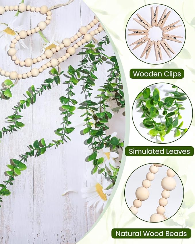 Boho Wall Decor with Photo Hanging Clips, Wooden Beads Garland with Greenery Eucalyptus Decor, Aesthetic Room Essentials for Bedroom, Office Cubicle, Home Wall Decoration