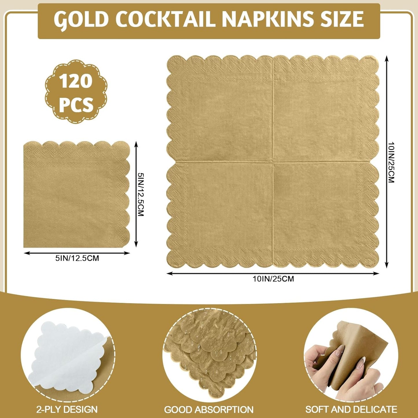120 Pcs Cocktail Napkins Gold Napkins Disposable Scalloped Dessert Beverage Napkin Gold Party Napkin for Wedding, Birthday, Celebrate, 5 x 5 Inch