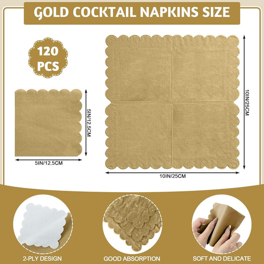 120 Pcs Cocktail Napkins Gold Napkins Disposable Scalloped Dessert Beverage Napkin Gold Party Napkin for Wedding, Birthday, Celebrate, 5 x 5 Inch