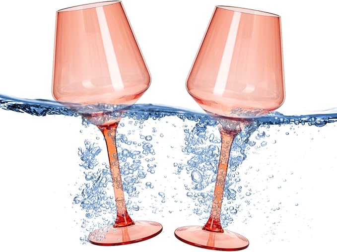 Floating Wine Glasses for Pool (18 Oz | Set of 2) - Wine Glass Set That Float | Shatterproof Poolside Wine | Beach Glass | Outdoor Tritan Plastic Glassware with Stem for Patio, Picnic - Peach Orange