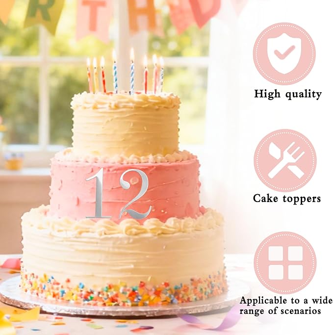 Silver Mirror Acrylic Number Cake Toppers DIY Personalized 0-9 Number Side Cake Decoration for Birthday Wedding & Anniversary Milestones Party Decorations