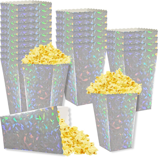 24 Pcs Silver Foil Popcorn Boxes 2 x 4.5 x 2.7 inch Mini Popcorn Boxes Cardboard Popcorn Container for Party Disposable Snack Popcorn Bags