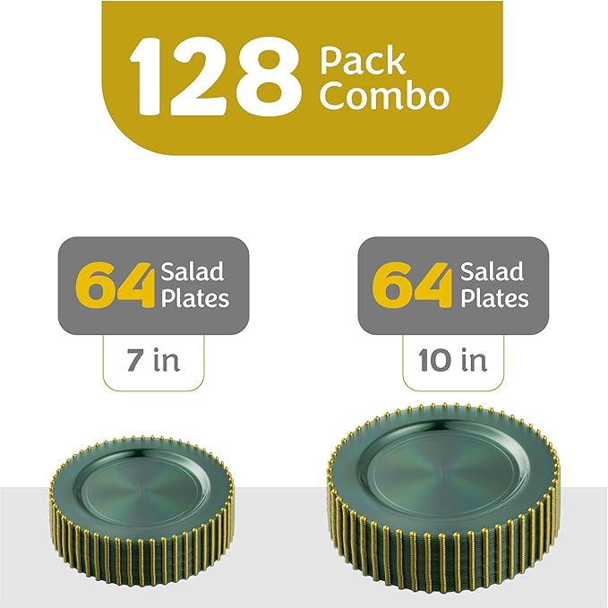 PLASTICPRO 128 Piece Combo Plastic Dinner Plates Disposable Plastic Fancy Heavy Duty Party Dishes 7 inch and 10 inch, Translucent Green and Gold Beaded
