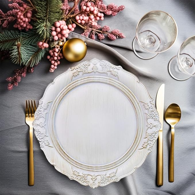 Antique White Charger Plates, 13 Inch Embossed Chargers for Dinner Plates. Plastic Charger for Wedding, Party. (Set of 6)