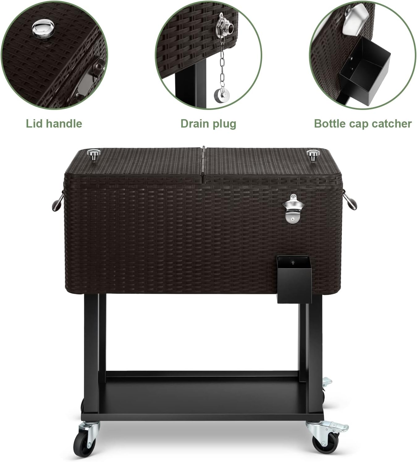 EDOSTORY 80 Quart Rolling Ice Chest Cooler Cart,Patio Backyard Party Drink Beverage Bar Stand Up Cooler Trolley with Ice Scoop