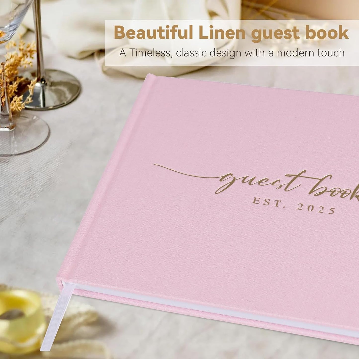 Wedding Guest Book with Personalized 2025 Year - Linen Photo Guest Book for Wedding Reception Bridal Shower Guests to Sign - 100 Pages Blank and Lined Acid Free Paper (Pink,)