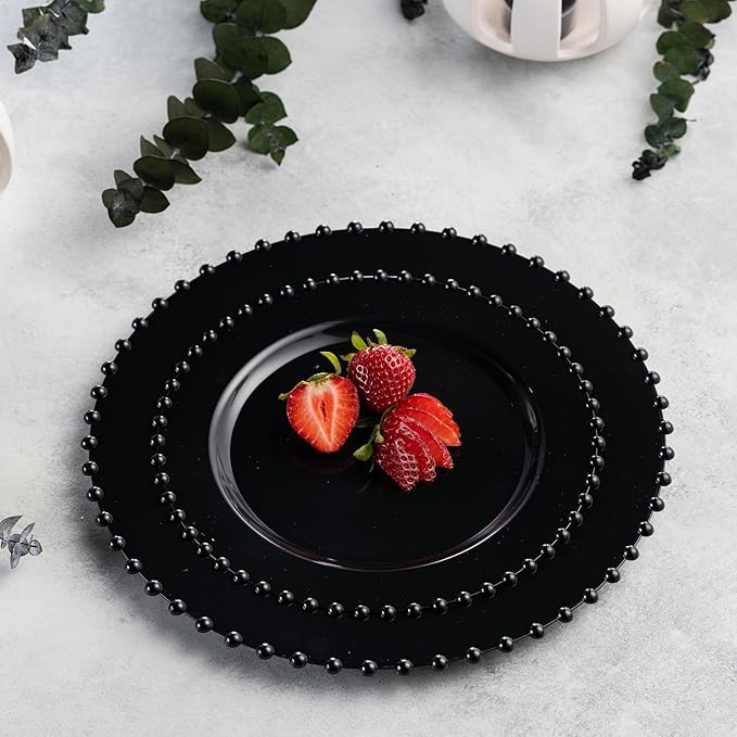 PLASTICPRO 64 Piece Combo Plastic Dinner Plates Disposable Plastic Fancy Heavy Duty Party Dishes 7 inch and 10 inch, Black Beaded
