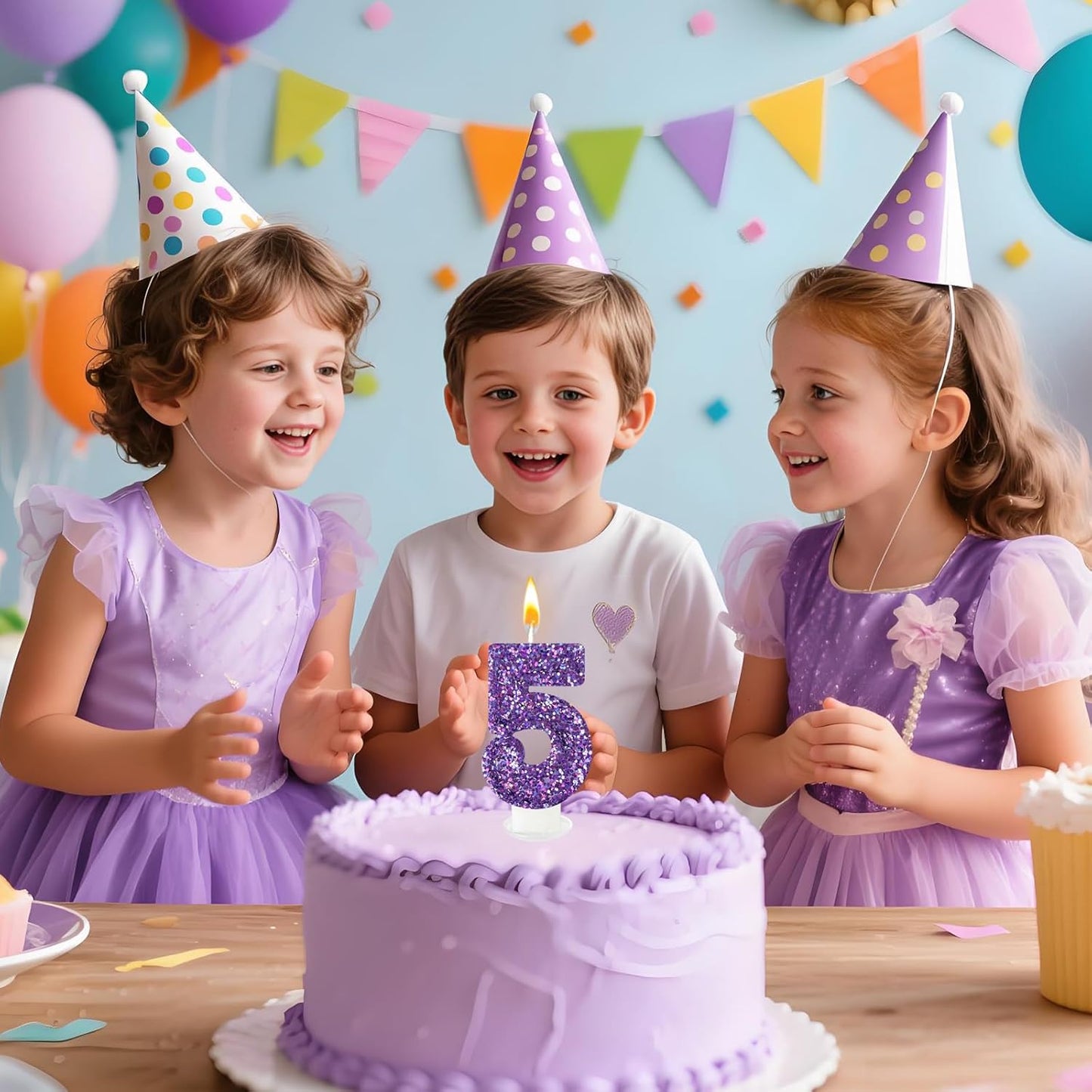 Birthday Number Candles, Glitter Number Candle Cake Decorations with Sequins, Cupcake Decorations for Girls, Women, Party Anniversary Celebrations (Number 5, Purple)