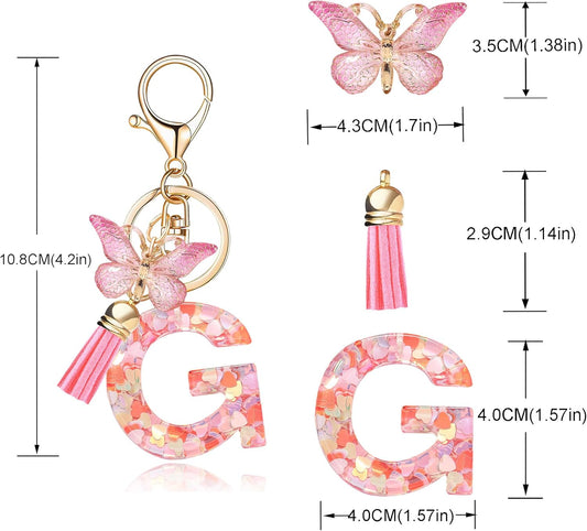 Fashion Alphabet Initial Letter Keychain Tassel Butterfly Pendant Key Ring for Purse Handbags Women Girl
