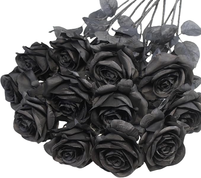 Black Roses Artificial Flowers, 12 Pcs Fake Rose in Bulk, Long Stem Realistic Silk Roses Bouquet for Centerpieces Flower Arrangement, Halloween Home Decor, Gothic Decoration (Black2, 12-PCS)