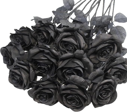 Black Roses Artificial Flowers, 12 Pcs Fake Rose in Bulk, Long Stem Realistic Silk Roses Bouquet for Centerpieces Flower Arrangement, Halloween Home Decor, Gothic Decoration (Black2, 12-PCS)