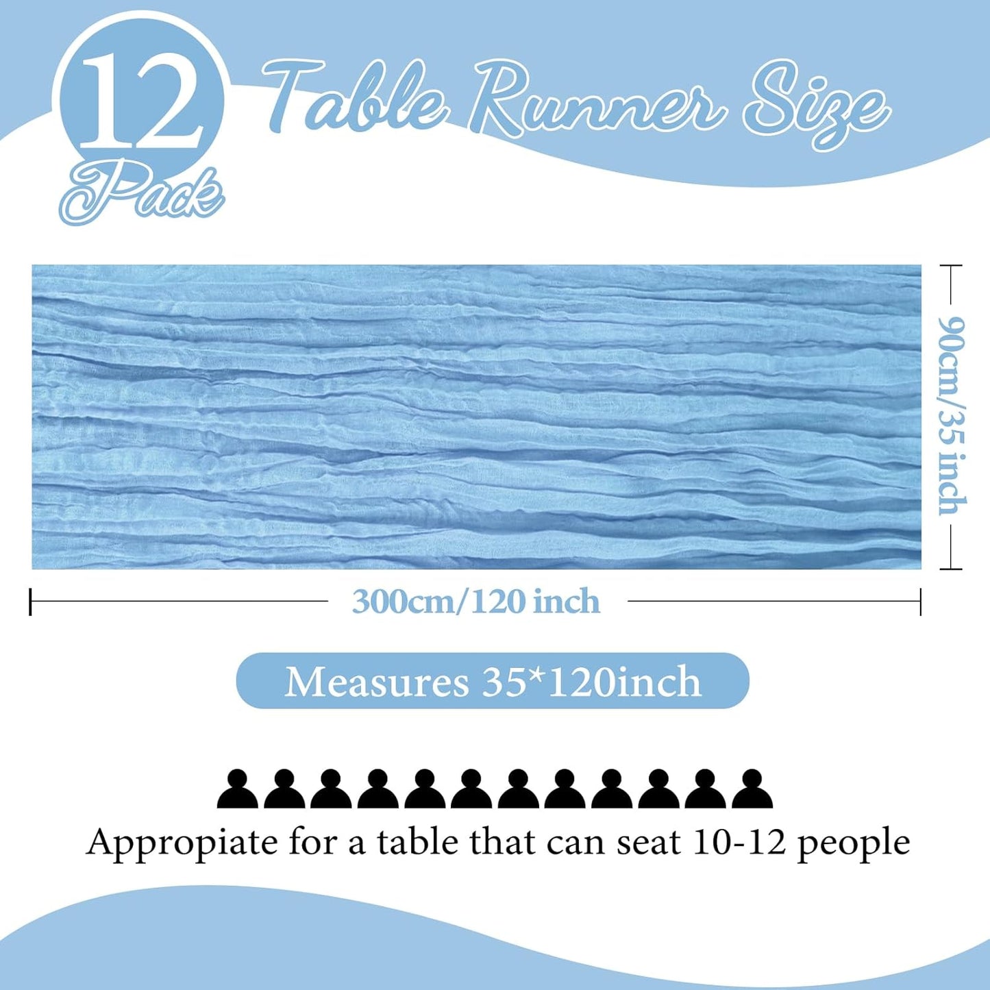 12 Pack 10FT Baby Blue Cheesecloth Table Runner 35x120 Inch Gauze Rustic Boho Fall Table Runner Cheese Cloth for Thanksgiving Wedding Decor Birthday Party Bridal Baby Shower Centerpiece Decoration