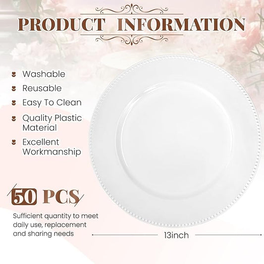 50 White Dinner Plates, 13" Round Beaded Decorative Chargers for Wedding, Holiday, Baby Shower Events (White)