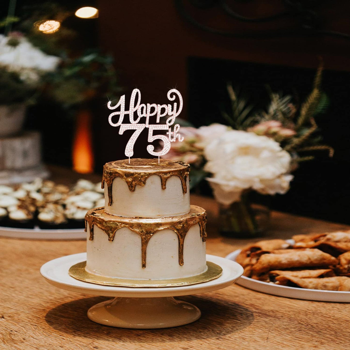 LASKYER Happy 75th Birthday Rose Gold Rhinestone Cake Topper - 75th Birthday/Anniversary,Cheers to 75 Years Old Bday Party Metal Sparkly Centerpieces Decorations.