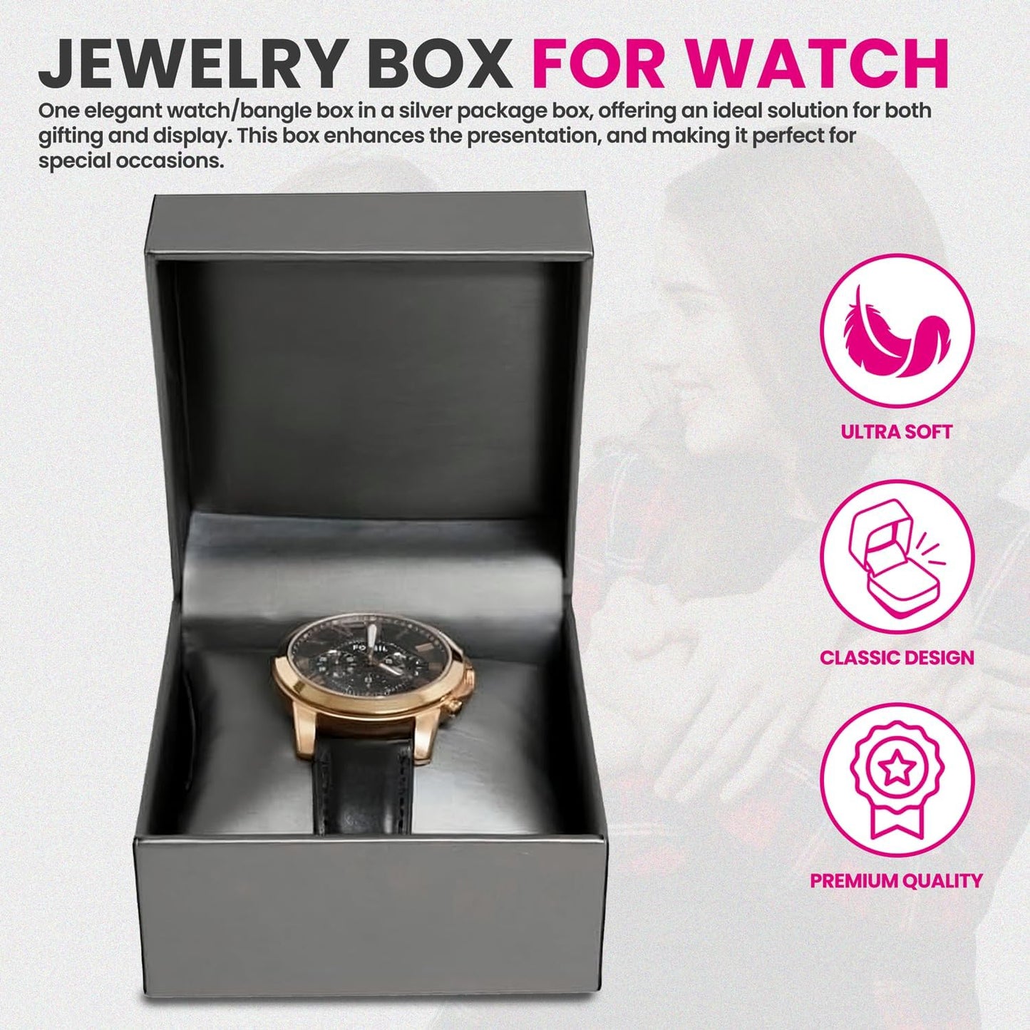Novel Box Silver Jewelry Box for Watch/Bangles 4x4x3 Inches - Watch/Bangle Gift Box for Proposal Wedding Engagement - Faux Leatherette Jewelry Display Box - Gift Presentation Boxes for Watch/Bangles