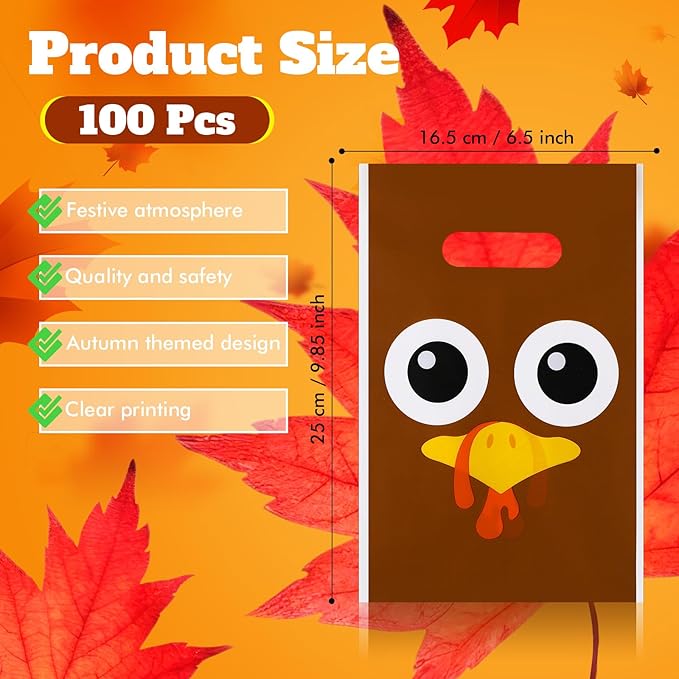 Supervitae 100 Pcs Thanksgiving Turkey Plastic Gift Bags Bulk Fall Party Favor Bags with Handles for Fall Autumn Birthdays Weddings Snacks Goodie Candy Treat Party Favors Supplies
