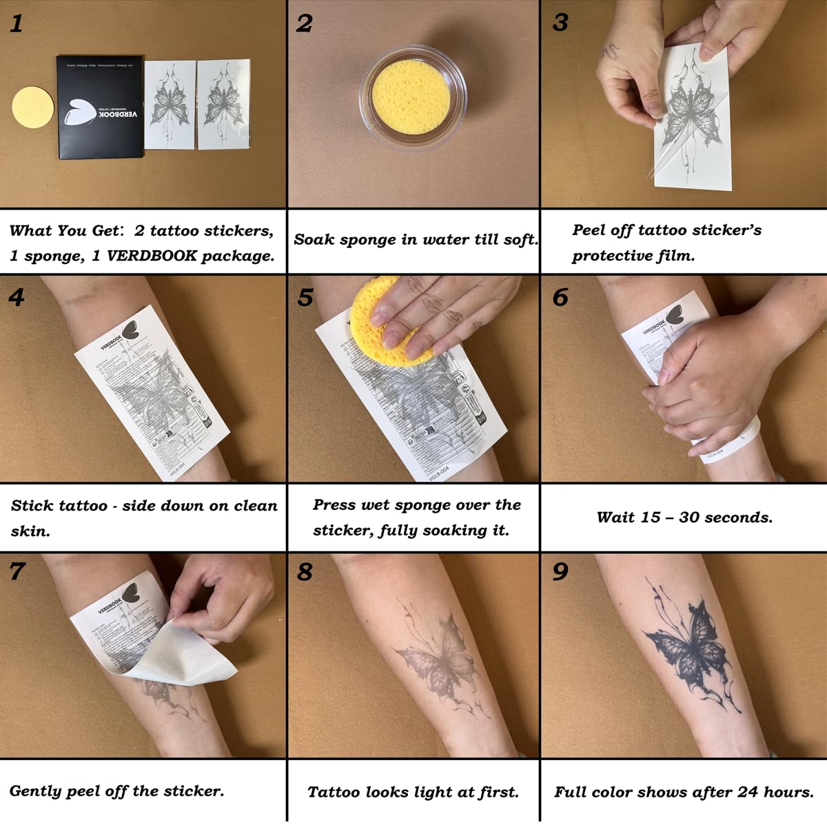 Waterproof Temporary Tattoos: 2-Sheet Tattoo Kit with Realistic Body Stickers, Semi-Permanent Tattoos for Adults Lasting 7-15 Days – Safe for Men & Women, Butterfly Style