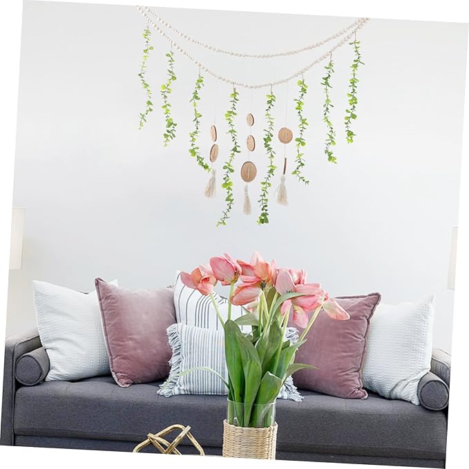 Hanging Photo Display Wall Decor Wooden Beads Garland Stylish Eucalyptus Leaves Design Versatile Picture Holder for Bedroom and Living Room Decor