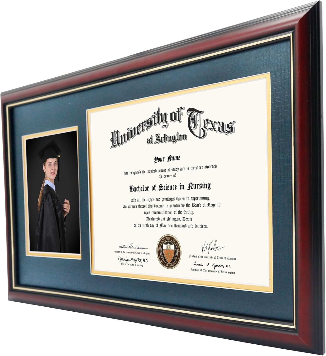 GraduationMall 11x19 Cherry Diploma and Photo Frame for 8.5x11 Certificate,5x7 Picture,Tempered Glass,Navy Blue over Gold Double Mat