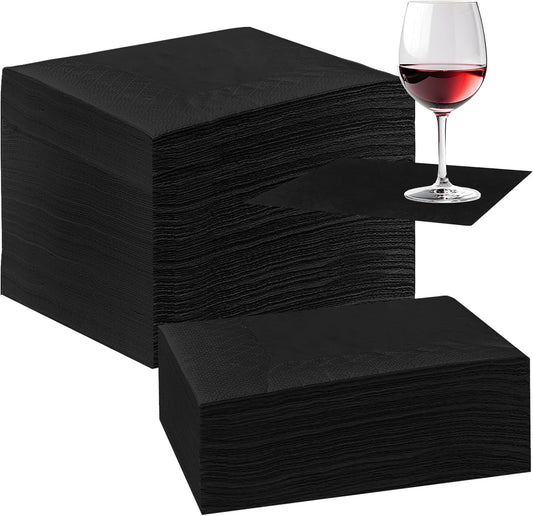 Henoyso 500 Pack Black Cocktail Napkins Bulk, 9.8'' x 9.8'' 2 Ply Disposable 100% Bamboo Paper Napkins for Wedding Bar Party Birthday Dinner Beverage Holiday Elegant Restaurant Event