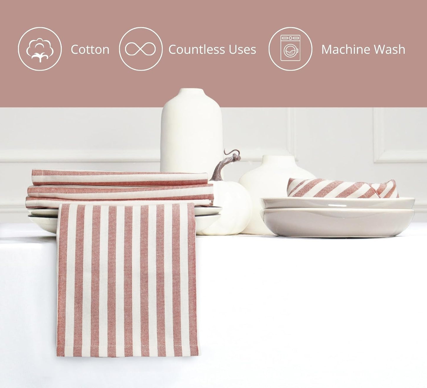 PurpleEssences Plain Striped Cloth Napkins - Set of 12-100% Cotton - 18 x 18 Inch - Fall Thanksgiving - Perfect Everyday Use Dinner Napkin - Royal Rust Ivory