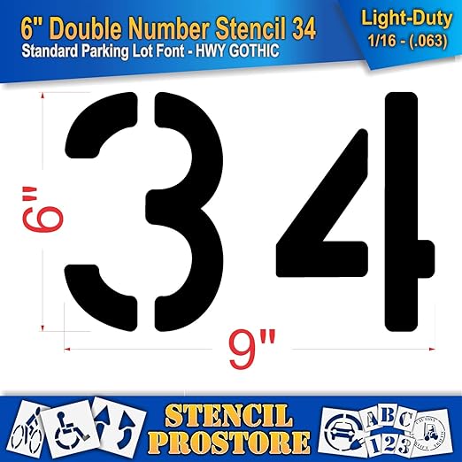 Pavement, Curb, and WheelStop Stencils - 6 inch Double Number Stencil - (34) - 6" x 9" x 1/16" (63 mil) - Light-Duty
