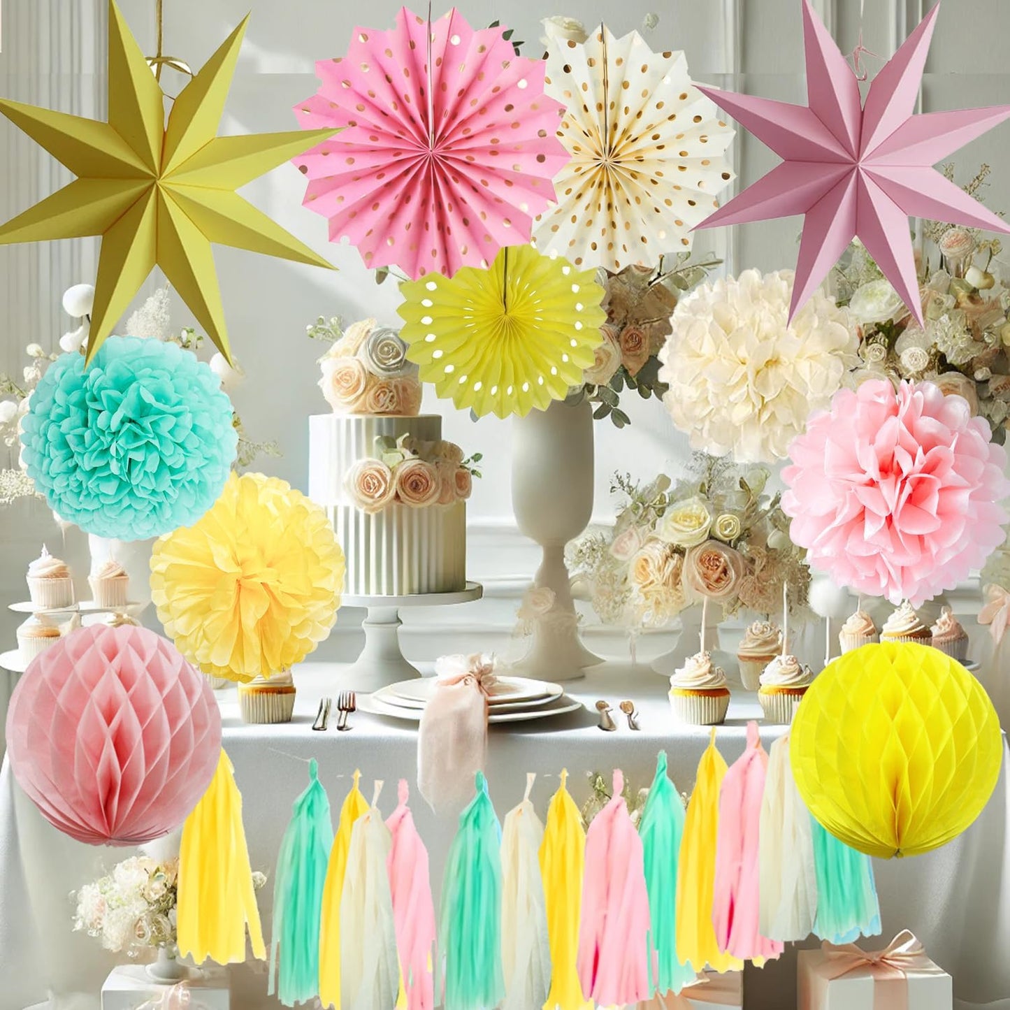 Pink Yellow Party Decorations, Pink Yellow Birthday Decoration,15PCS Pink Decorations for Women Men Girl Boy,Hanging Backdrop Decor for Bear Birthday,Wedding,Winne Baby Shower,Bridal,Garden Party